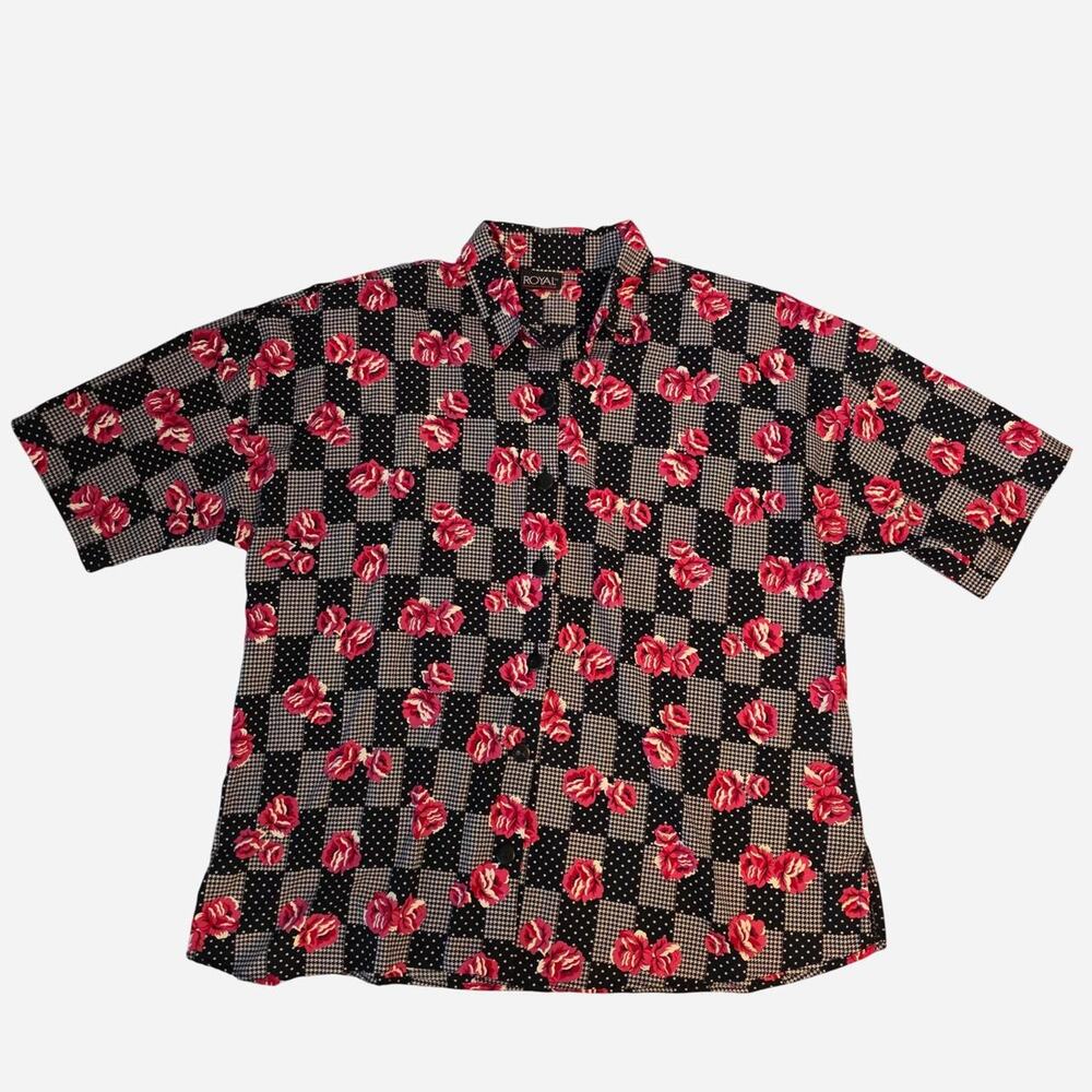 VTG 90s black and pink floral polka dot button up shirt with shoulder pads XL